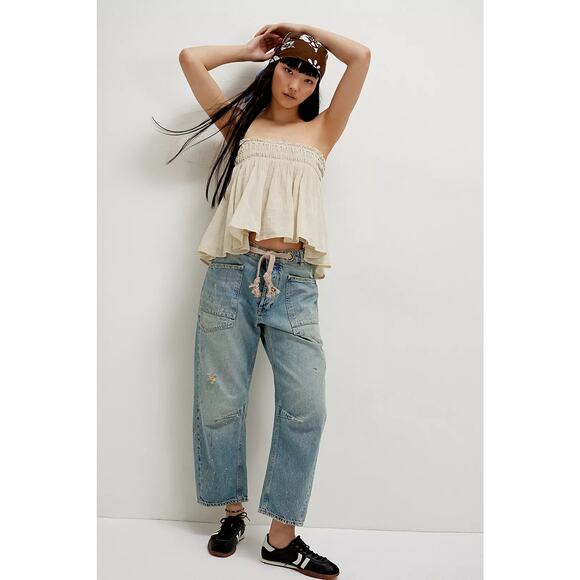 Free People We The Free Moxie Pull-On Low-Rise Distressed Barrel Jeans Sz 27 - Picture 1 of 11